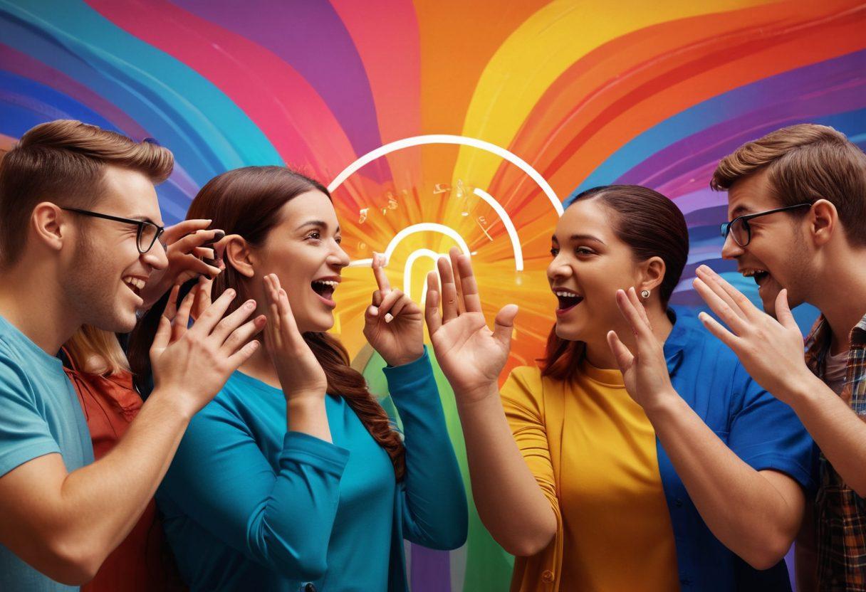 A powerful scene portraying a diverse group of deaf advocates engaging in passionate conversation using sign language, surrounded by symbolic elements like sound waves and vibrant colors illustrating the notion of amplifying voices. The background includes visual representations of social media icons and blog elements, embodying the spirit of online advocacy. Evocative and inspiring atmosphere. super-realistic. vibrant colors. 3D.
