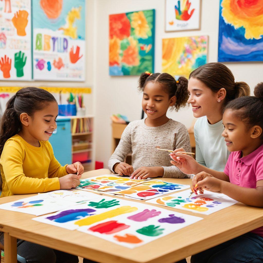 A warm, inviting classroom setting with diverse children engaging in a hands-on craft activity, one child using sign language to communicate with a teacher, colorful art supplies scattered around. Include elements that symbolize inclusion, like a large poster showcasing accessible communication methods. Soft lighting enhances the atmosphere. painting. vibrant colors.
