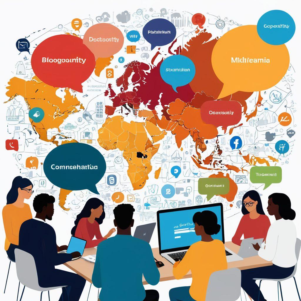 A diverse group of people from different backgrounds collaborating around a large digital map, symbolizing the blogosphere. They are using laptops and tablets to connect, with speech bubbles representing ideas about awareness and accessibility. The background features various blog icons and social media logos floating in the air, illustrating a vibrant online community. Warm and inviting colors to create a sense of inclusivity. modern digital art. warm color palette.